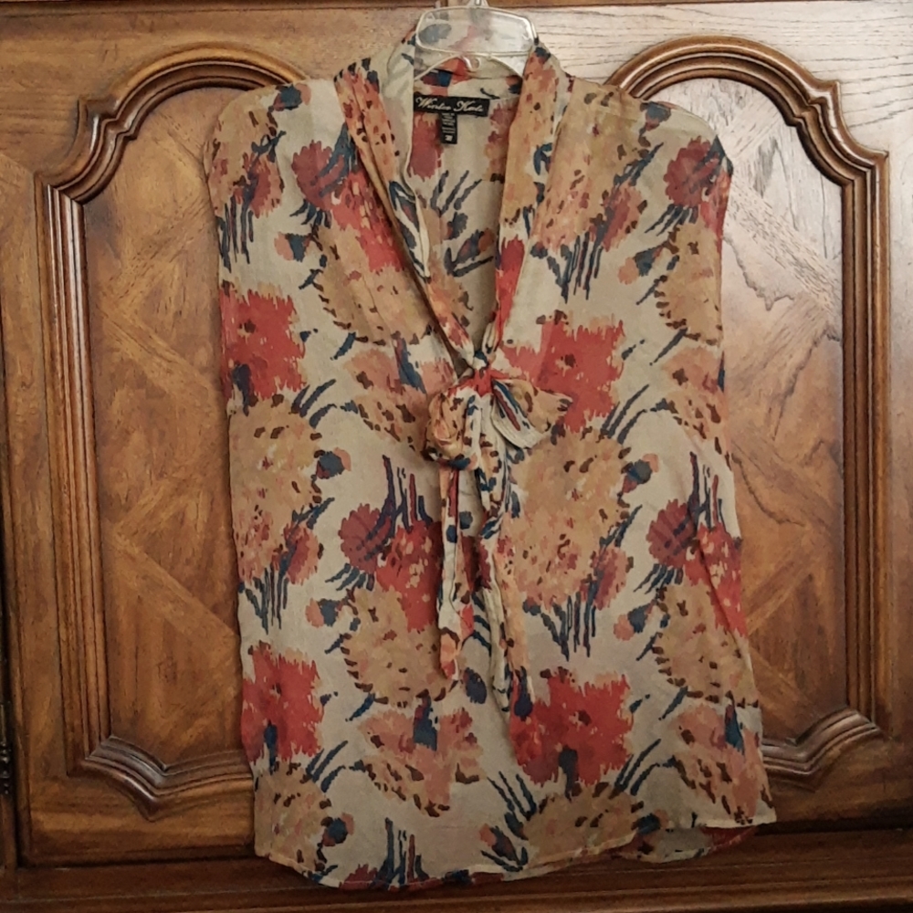 Winter Kate Sleeveless Ikat Abstract Floral Print Silk Chiffon Blouse, Medium